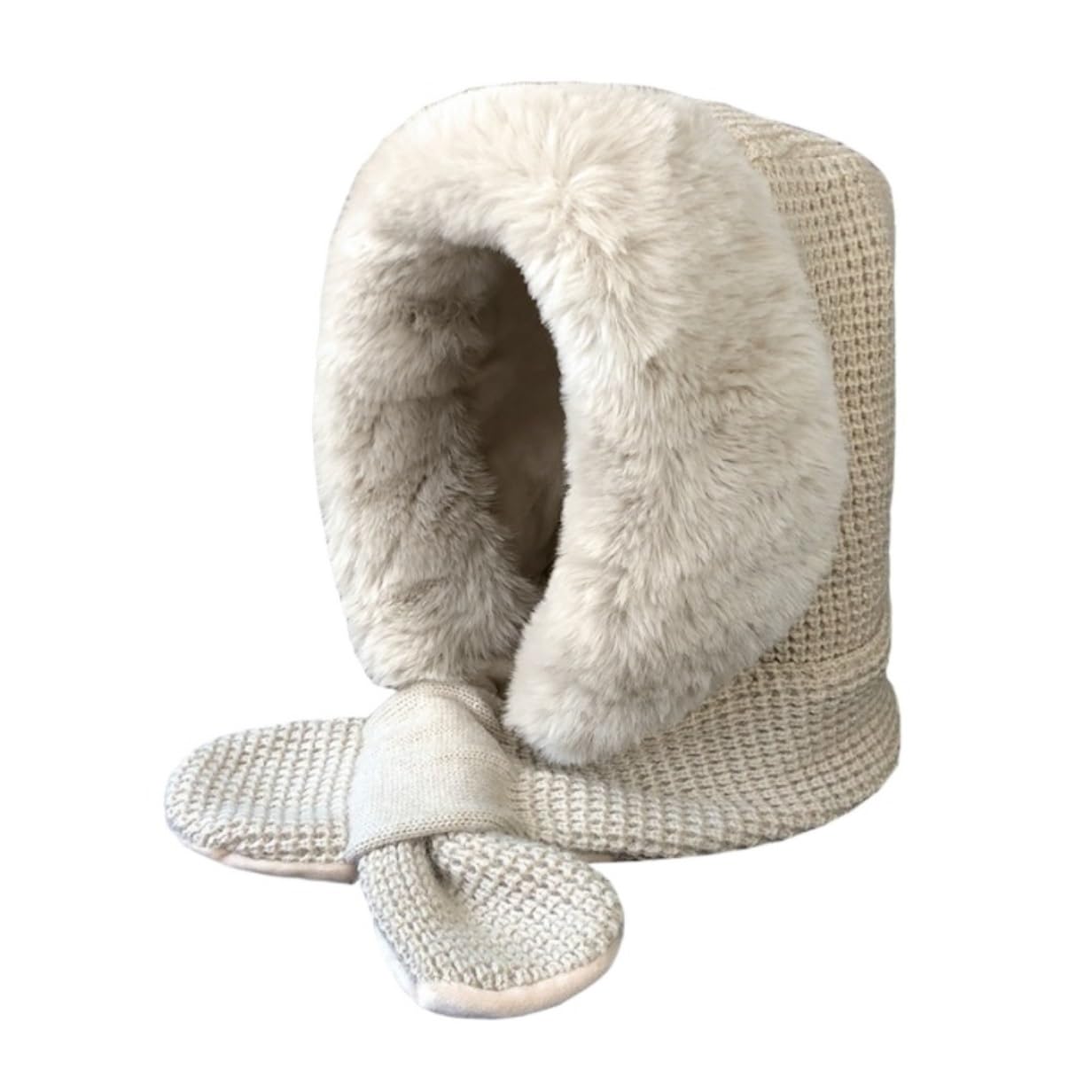 Bonnet Hiver Bonnet Tricoté Hiver Chaud Femmes Chapeau Épais Mignon avec Cache-Oreilles Écharpe Bonnets Chaud(Beige)
