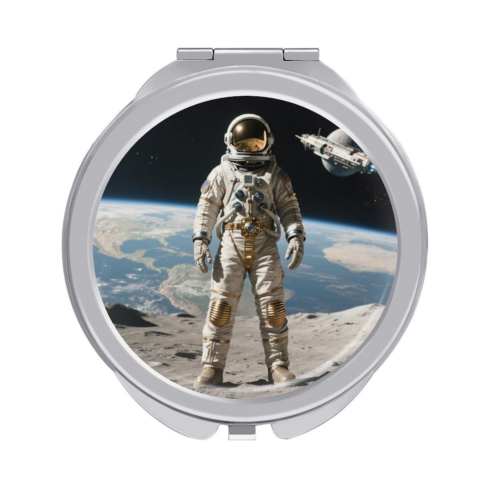 FodPand Compact Hand Mirror with 1x/2x Magnifying Round Travel Makeup Mirror Mini Foldable Retro Astronaut Cosmetic Mirrors Travel Essentials Gift for Women Girl Portable for Pocket Purse -Silver