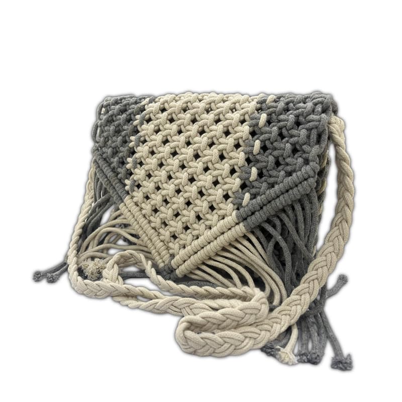 Maresse Bohemian Macrame Sling Bag - Handcrafted Grey & Cream Boho Purse with Fringe - Chic Eco-Friendly Shoulder Bag - Handmade Knitting & Weaving Boho Bag for Women, Grey, M2