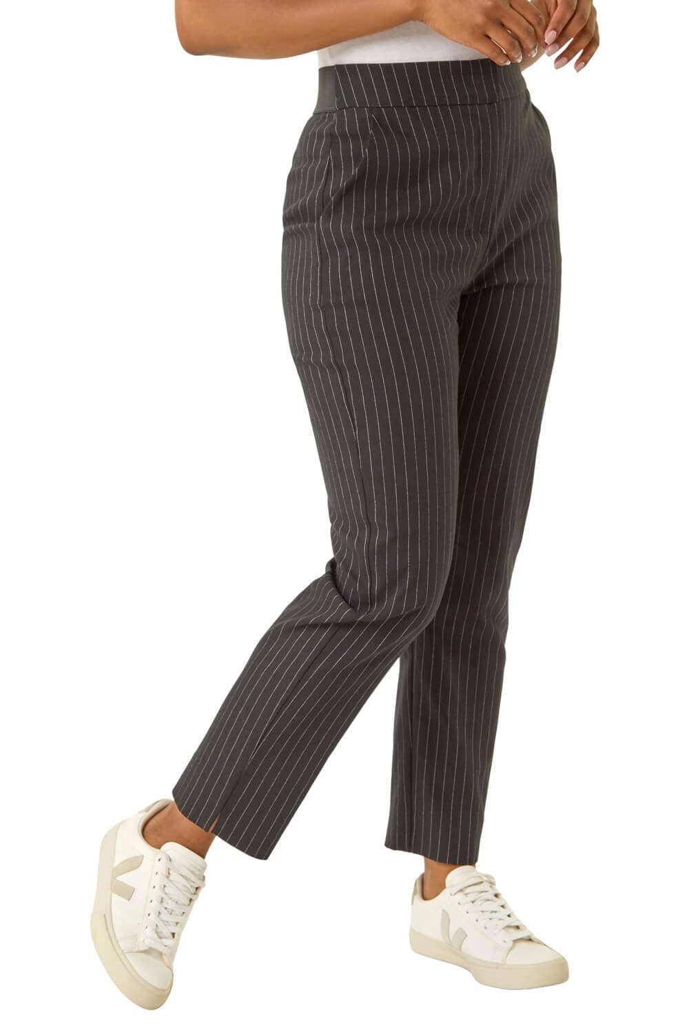 Roman Women's Petite Stripe Bengaline Stretch Trouser in Black | Size: 18