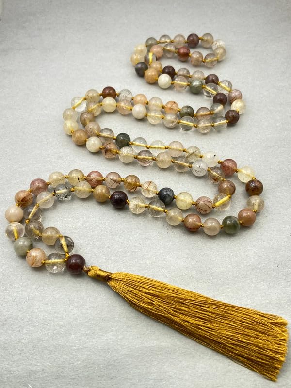 Natural AAA Cuarzo Rutilado Dorado Mala, Collar de Oración, Mala Tibetano, Mala Anudada de 6mm, Mala de Cuarzo Rutilado de 108 Cuentas, Mantra Japa Mala