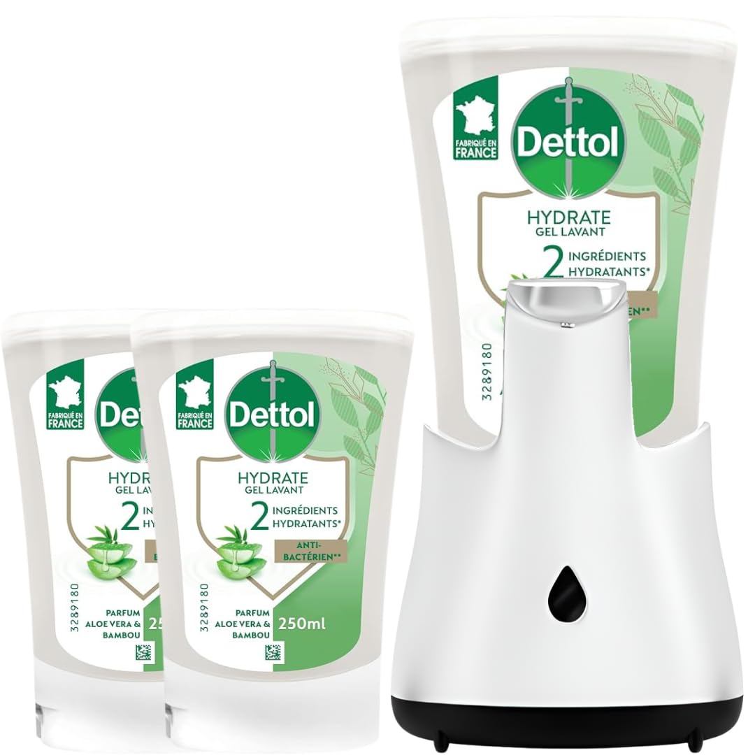 Dettol No-Touch - Kit Distributeur Savon Mains sans Contact et 2 Recharges Aloe Vera & Bambou 250ml
