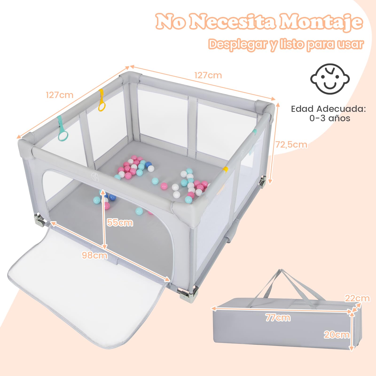 COSTWAY Parque Infantil Bebé 127 x 127 x 72,5 cm, Parque de Juegos Plegable con 50 Bolas Oceánicas y 4 Agarraderas, Corralito con Puerta con Cremallera y Pared de Malla para Bebé de 0-3 Años (Gris)
