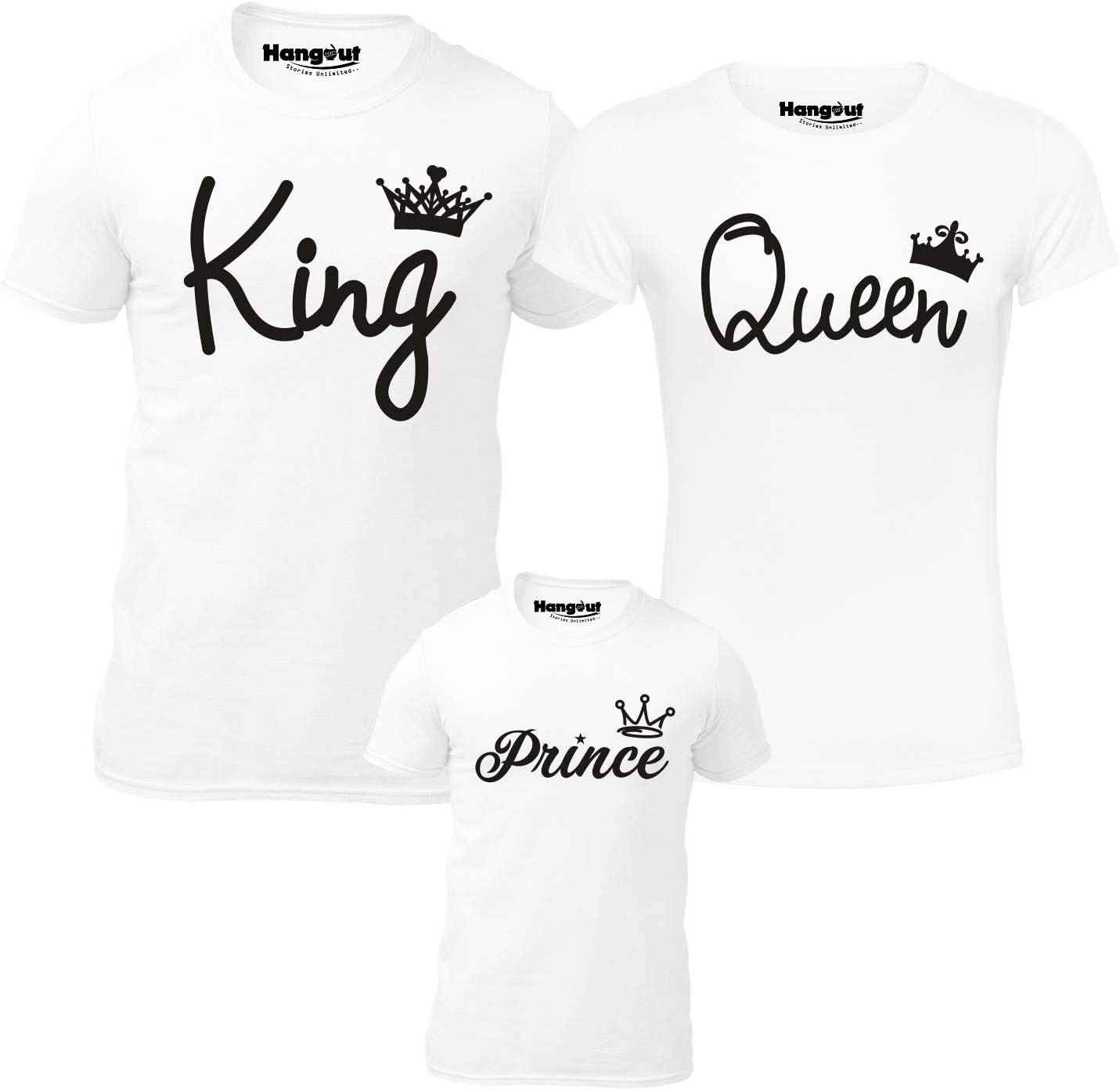 Hangout Hub HH43 Men's Women's & Boy's Cotton Regular Fit King Queen Prince -Set of 3 Family Matching Twinning T Shirts