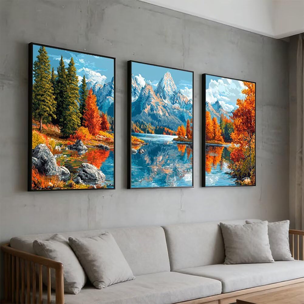 Wandbilder Berg 60x80cm, 3Pcs Leinwand Bilder Groß Wanddeko Wohnzimmer, Herbst Leinwand Bilder mit Rahmen, Moderne Wandbilder Wohnzimmer Poster Set mit Haken, Wanddeko Schlafzimmer Poster Set, -2194