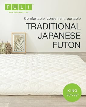FULI Japanese Futon, King Size, White - Foldable Shikibuton Floor Bed - Medium Firm Quilted Cotton Sleeping Pad, Portable Roll-Up Japanese Floor Bed for Guests & Small Spaces