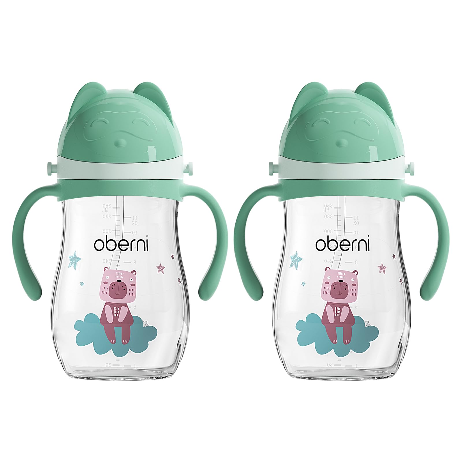 Oberni No Spill Toddler Sippy Cup, Weighted Straw Baby Water Bottle with Handle&Strap for 12 Months +, BPA-Free | Tritan | Leak Proof Valved Spout | 350ml | Green | Pack of 2