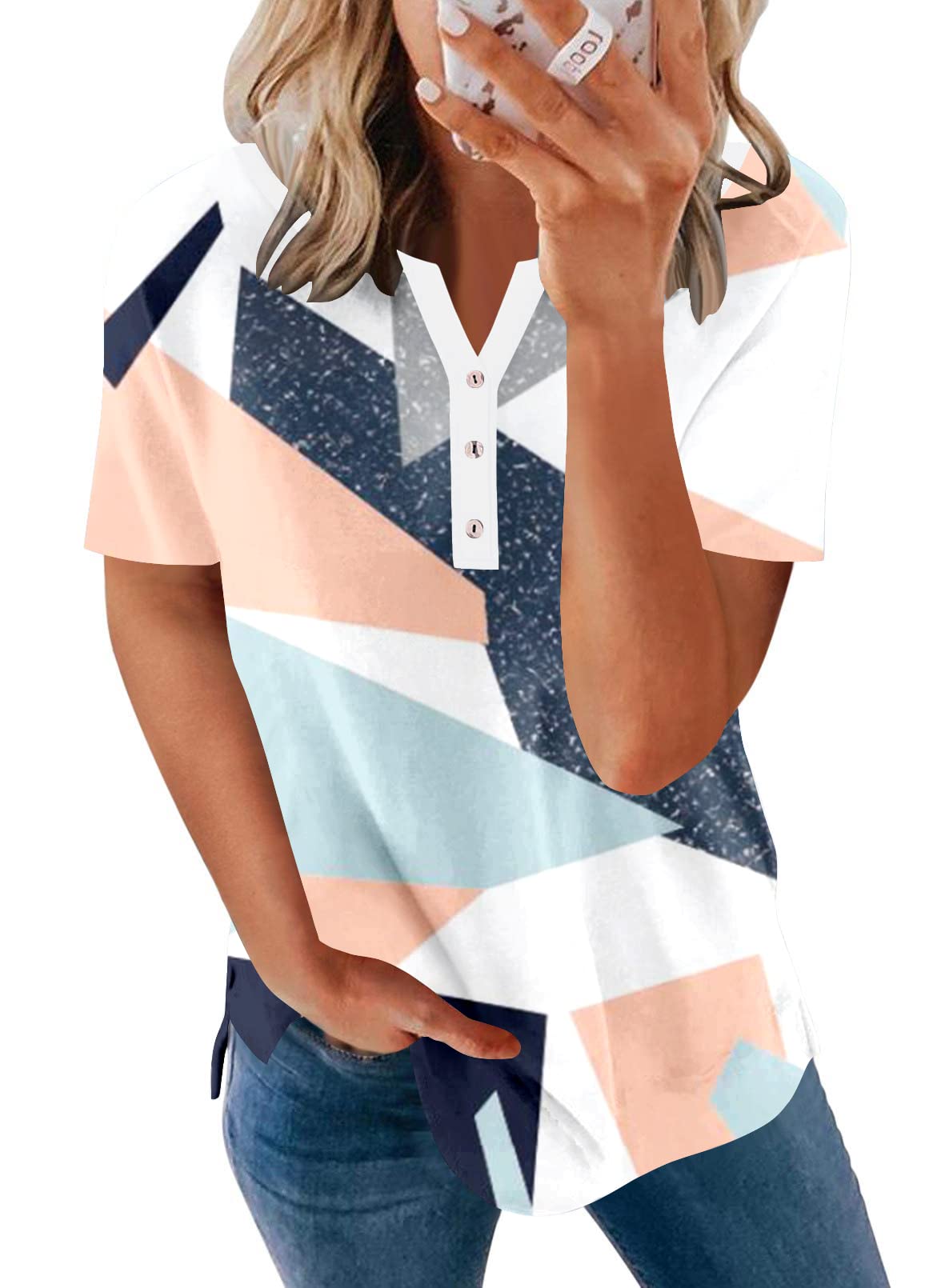 BeadChicaWomen's Casual Tunic Tops Short Sleeve V Neck Shirts Botton Up Loose Fitting Henley Blouses