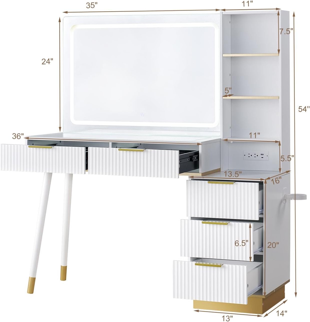 48" W Fluted Vanity Desk with Large Mirror and Adjustable Lights, Modern Makeup Table with 5 Drawers, 3 Shelves and Charging Station, Glass Top Desk for Dressing Room, Bedroom, White