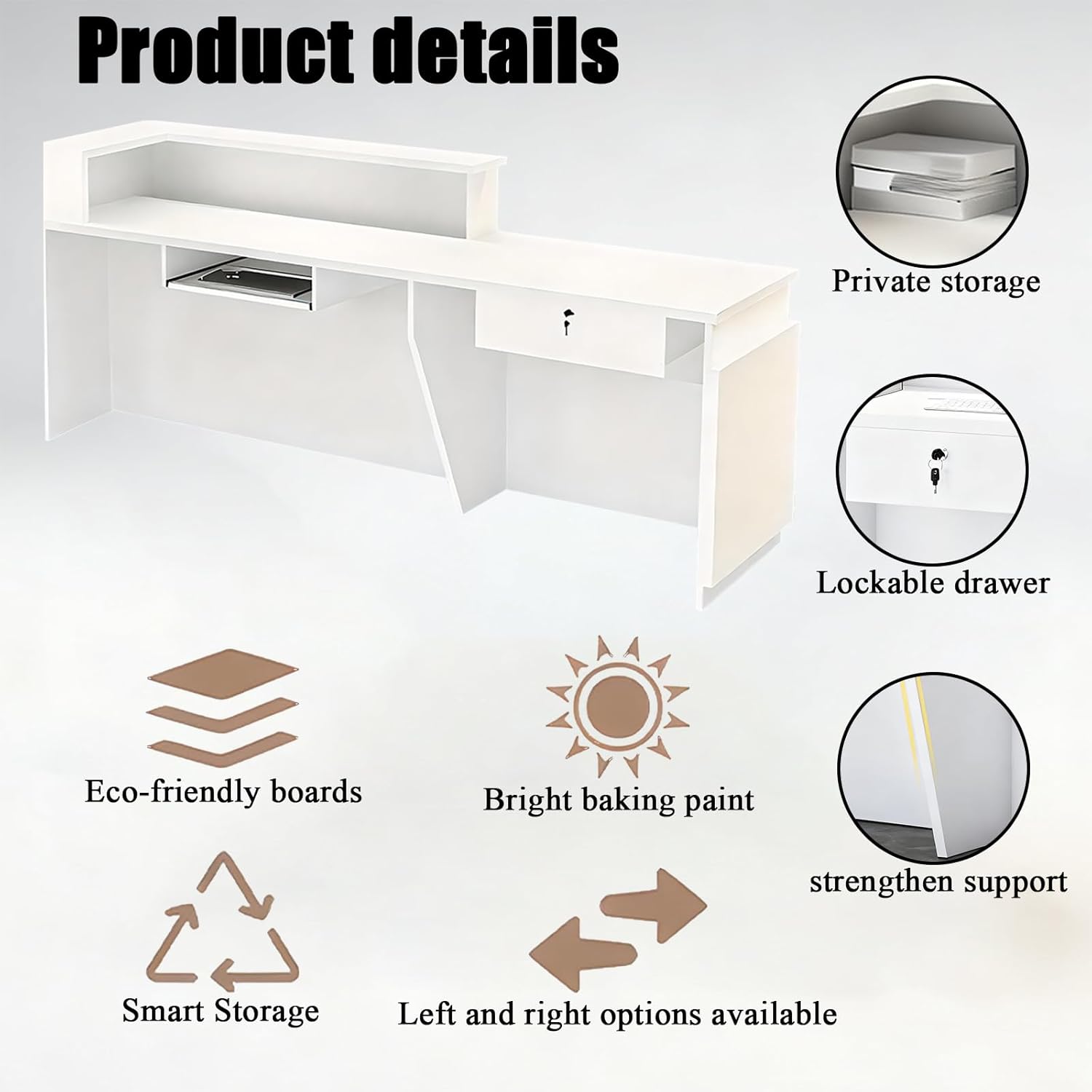 63in Reception Desk with Counter，Modern Front Desk Reception Counter for Checkout, Lobby, Beauty Salon (Left high)