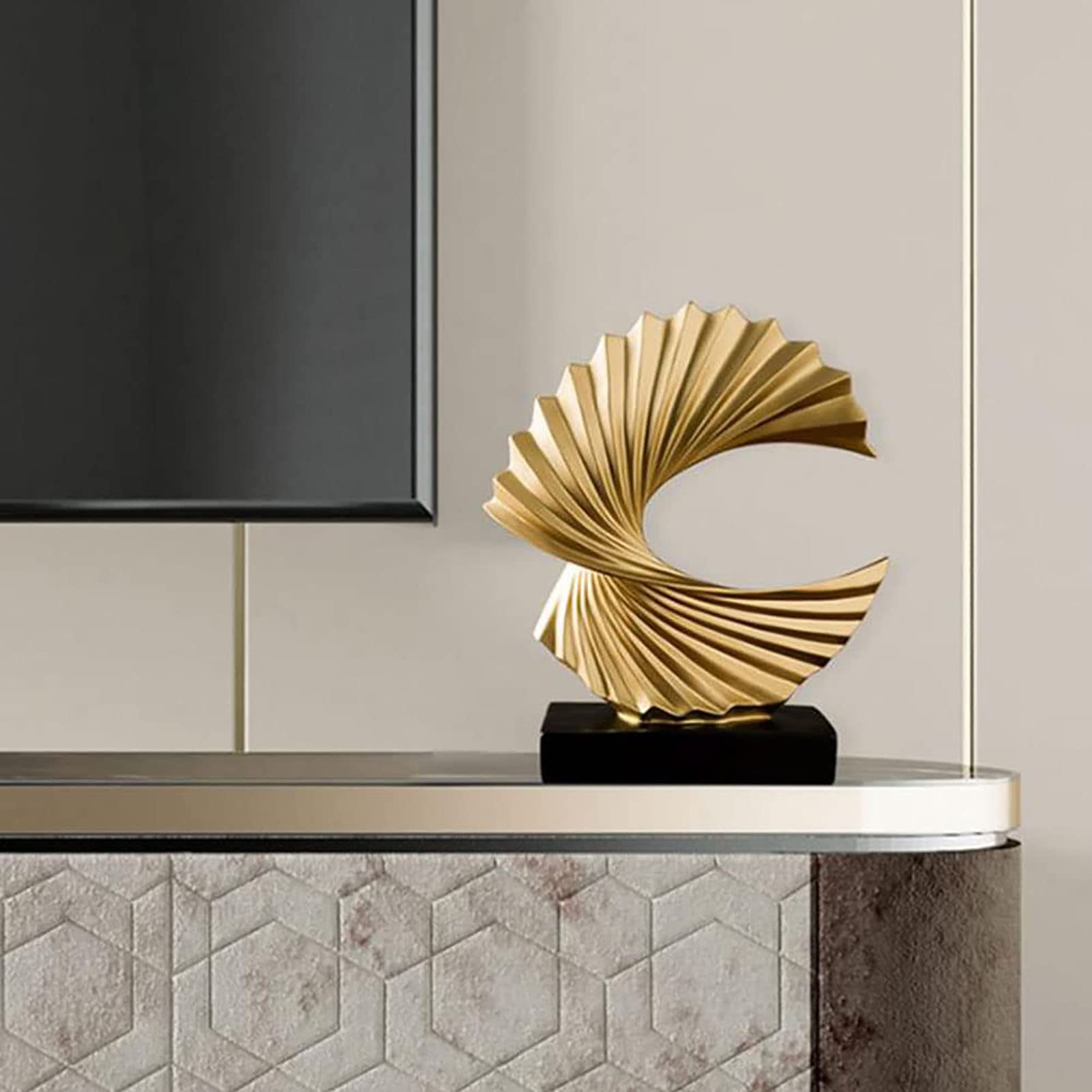 Abstrakte Harz Skulpturen als stilvolle Büro Deko | Goldene Ozeanwelle Decoration Dreidimensionale Skulptur 28 cm high for Wohnzimmer Schlafzimmer Büro Desktop