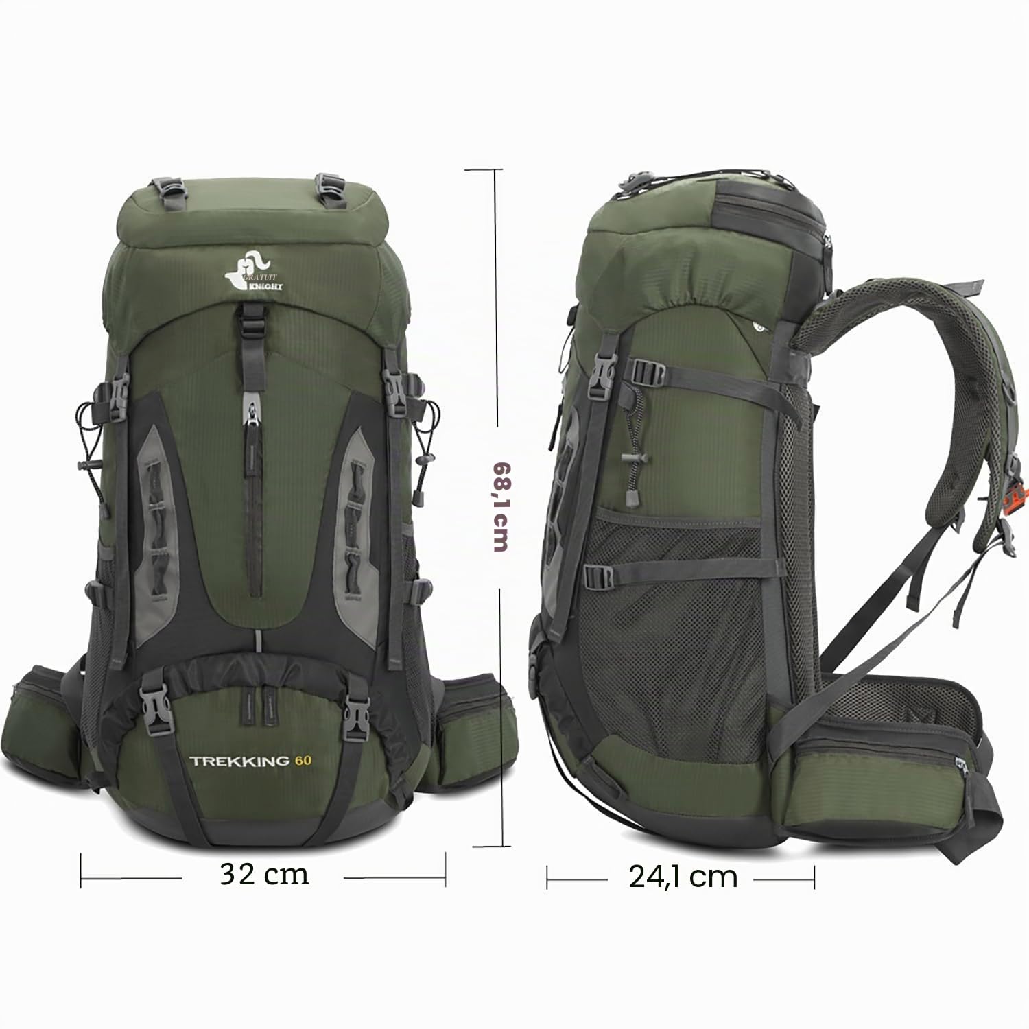 Bseash Sac à dos de randonnée 60L imperméable avec housse de pluie pour escalade camping voyage