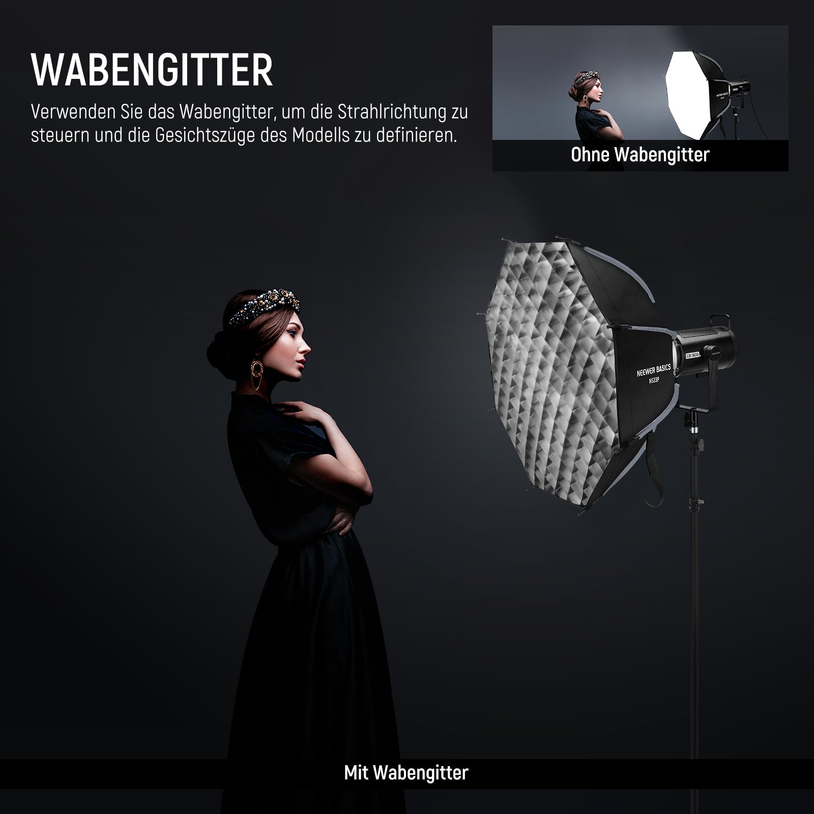 NEEWER Basics Achteckige Softbox Set für Studio Videoaufzeichnung Streaming, 25.6"/65cm Schnellspanner Bowens Mount Soft Box/Grid/Licht Diffusoren für Dauerlicht & Strobe Blitz, NS33P