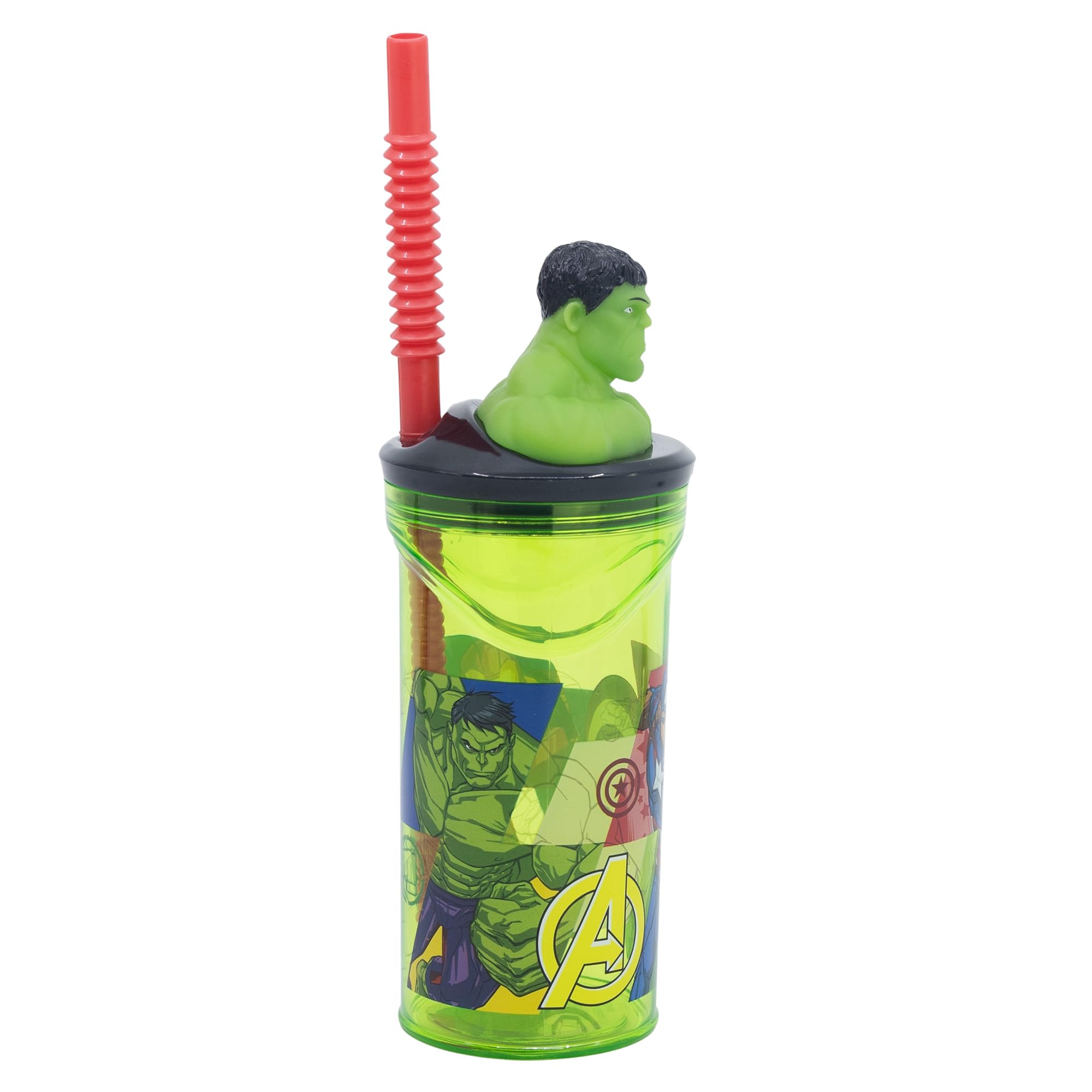 STOR Bicchiere Bambini con Cannuccia e Coperchio Avengers, Figura 3D, 360 ml, Plastica Riutilizzabile, Senza BPA, Ideale per Bambini e Bambine