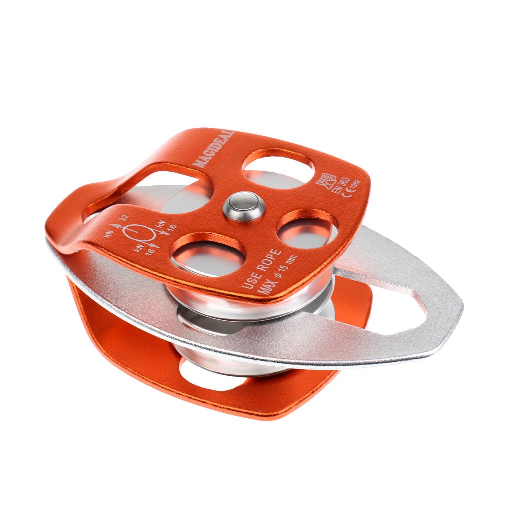Rodamientos de bolas de aluminio de doble polea 32KN para montañismo, escalada, color naranja