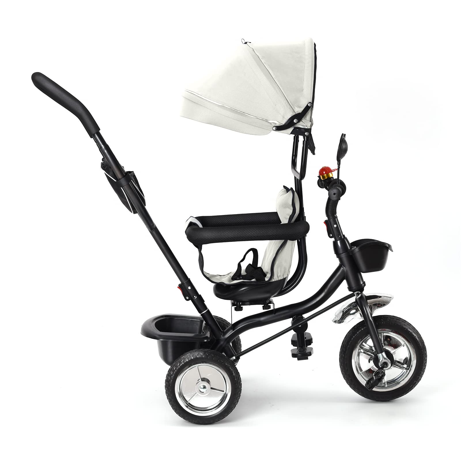 Drumm Tricycle 4 en 1,Tricycle Enfants évolutif,Poussette Tricycle à pédale,et Pare-Soleil Pliable Amovible et Canne Parentale Ajustable,pour Enfants de 18 à 48 Mois (Gris)