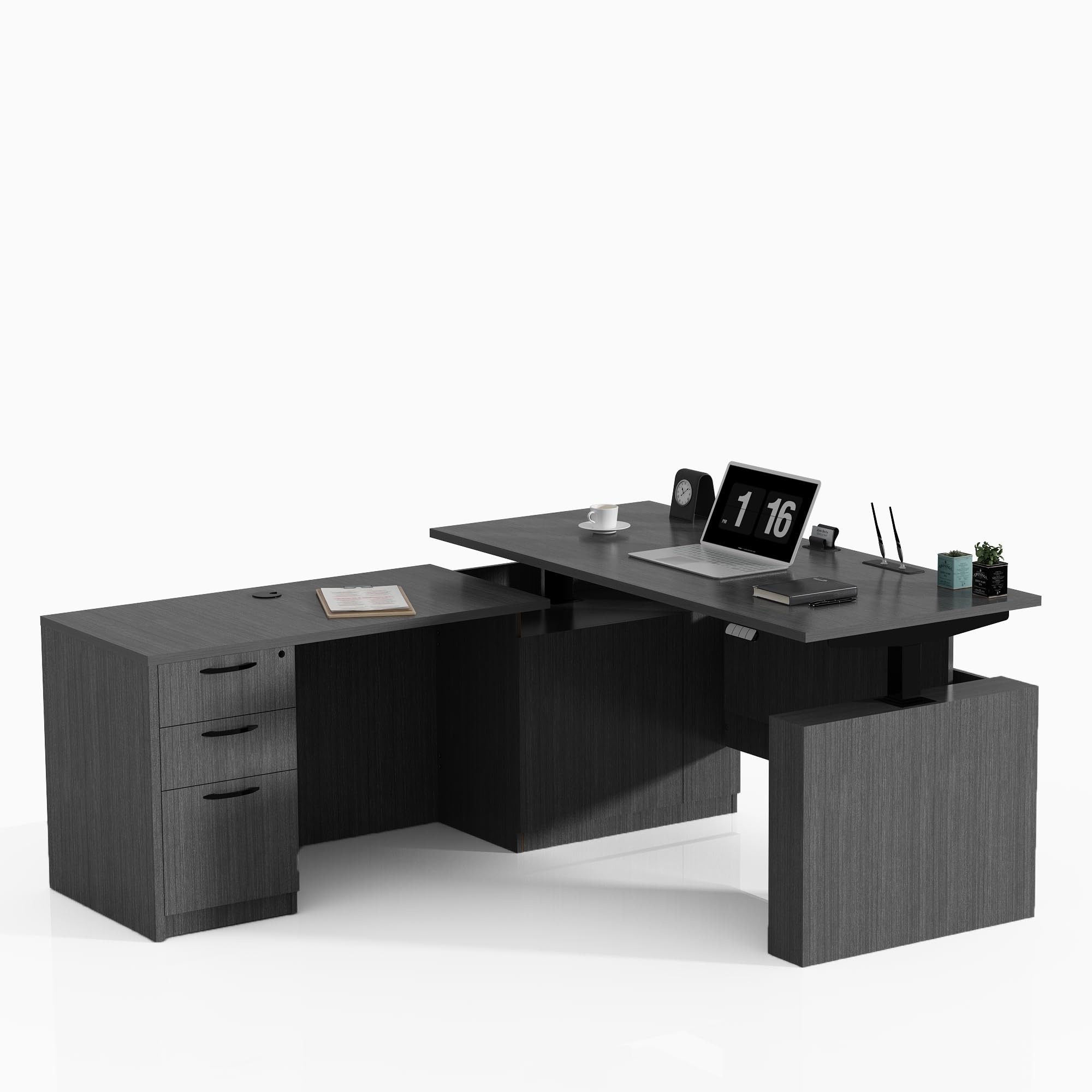 ALFA BUSINESS 66.93'' L Shaped Executive Standing Desk with Pre-Assembled Frame & Lockable Cabinets, Height Adjustable Desk Dual-Motor Sit-Stand
