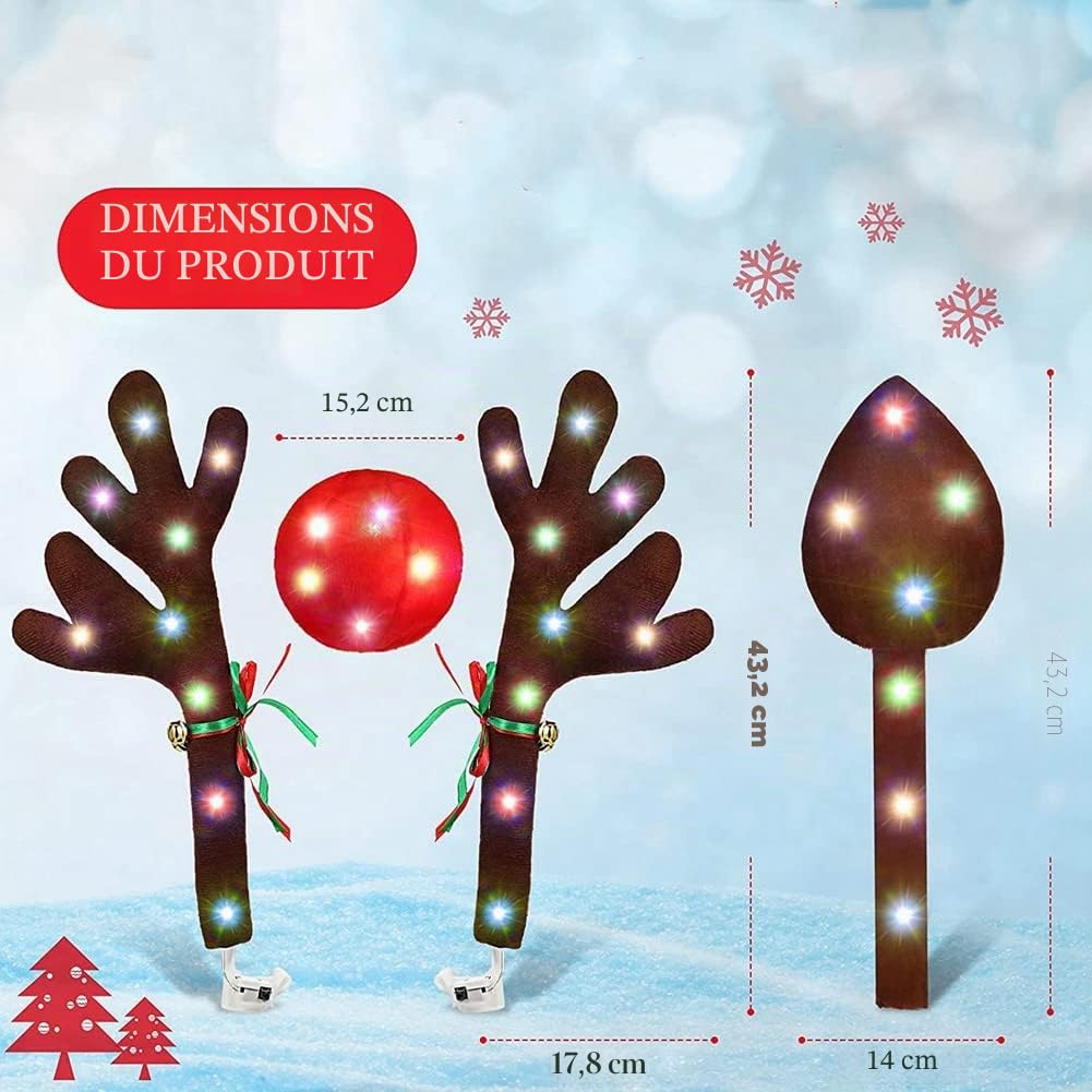 Kit de Cornes avec Lumières LED pour Voiture - Décorations de Noël, Nez et Astas