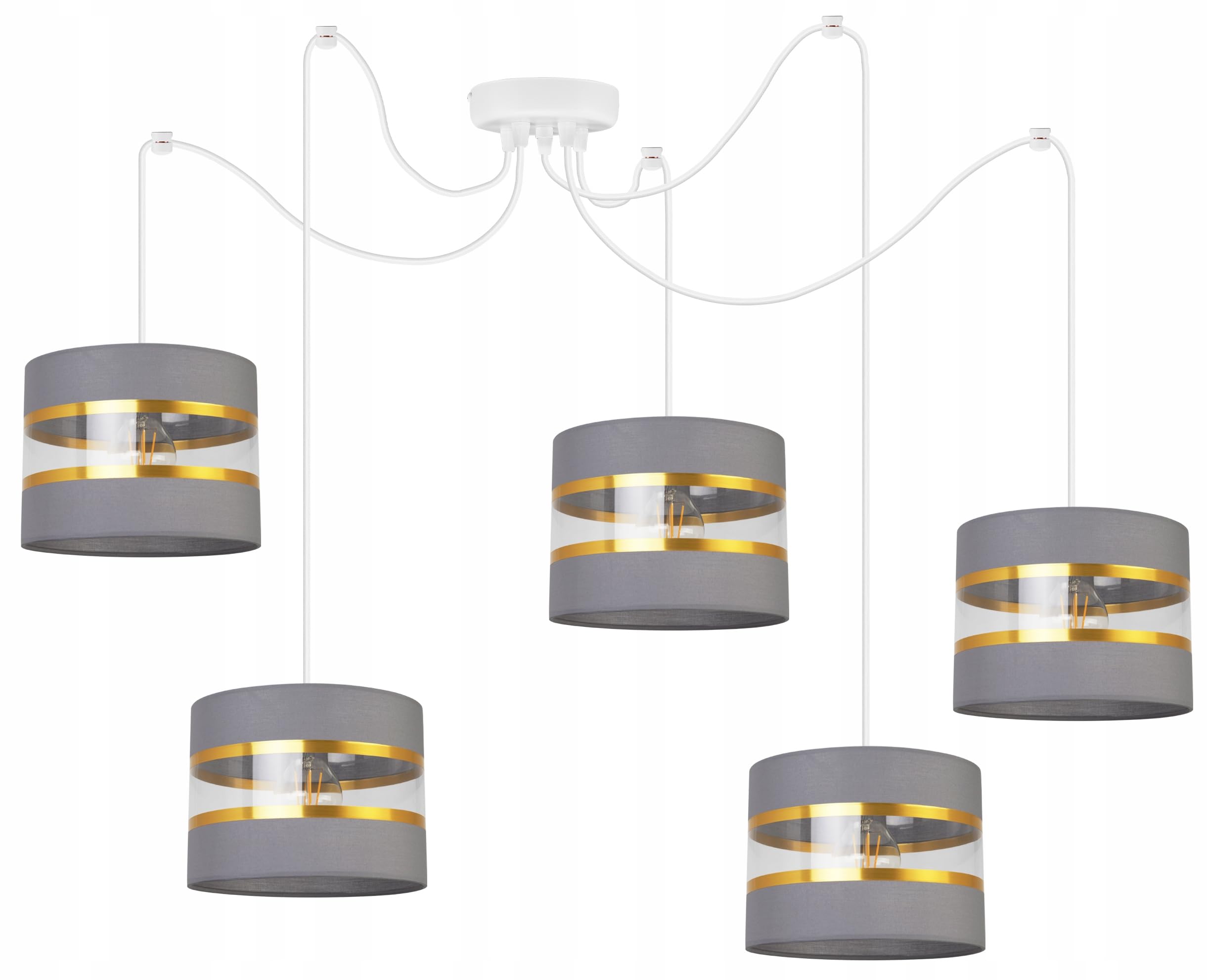 Light-Home Spider Elegance Deckenleuchte Pendelleuchte - Moderner Deckenleuchter für Schlafzimmer Wohnzimmer und Küche im Glamour - E27 mit 5 Lichtpunkten - Lampenschirm Stoff 20cm - Weiß und Grau