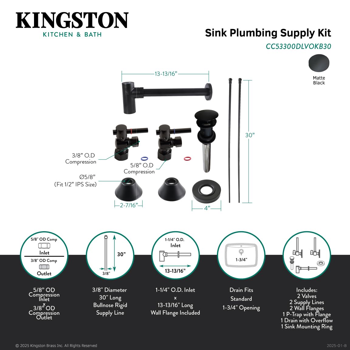 Kingston Brass Trimscape CC53300DLVOKB30 Kit de garniture d'évier de plomberie avec siphon à bouteille et bonde de trop-plein, noir mat