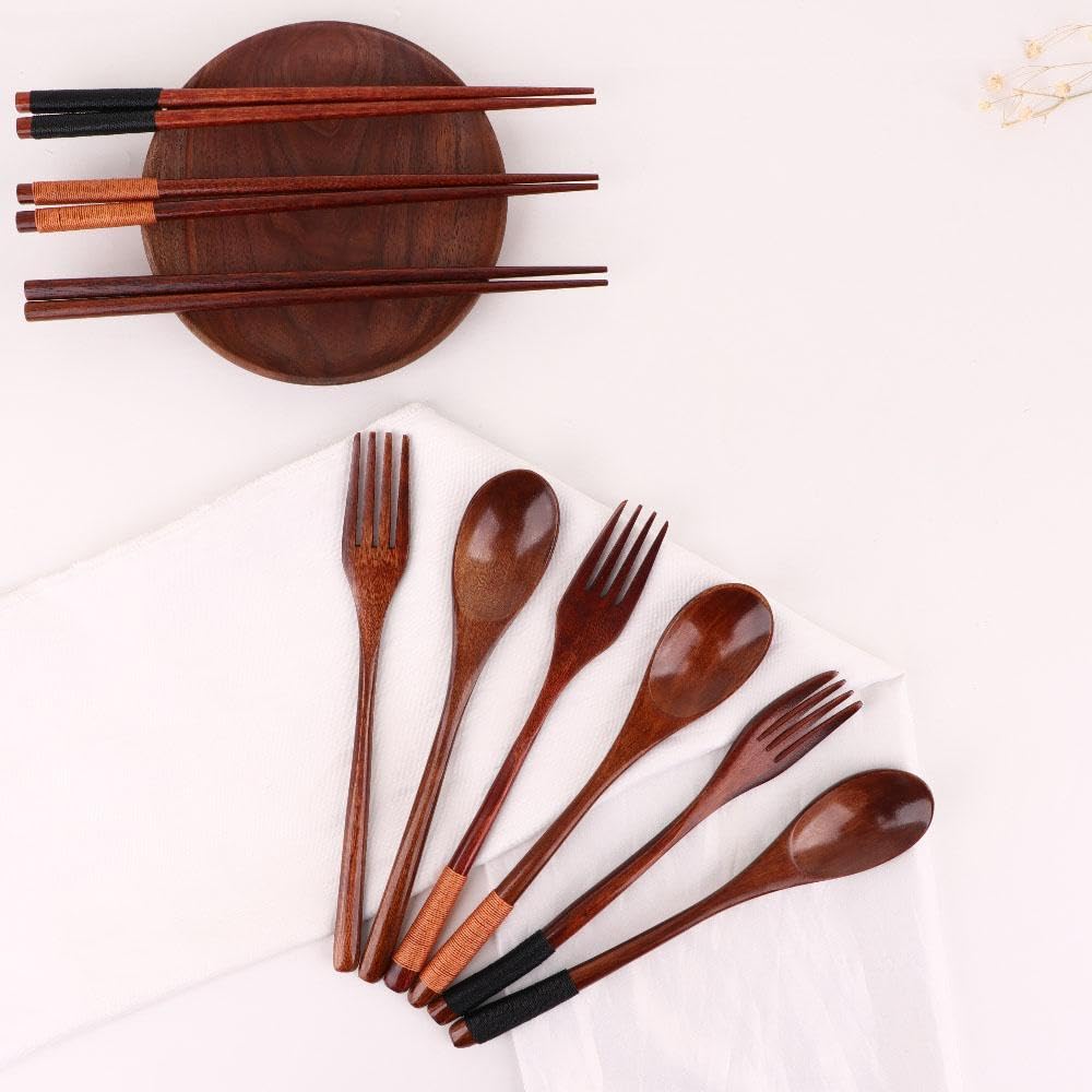 Cutlery 3PCS Fork Chopsticks Spoon Set Portable Tableware Chinese Wooden Utensils Sets Dinner Sets Long Handle Utensils With Fork Spoon Chopsticks — Amazon image 4