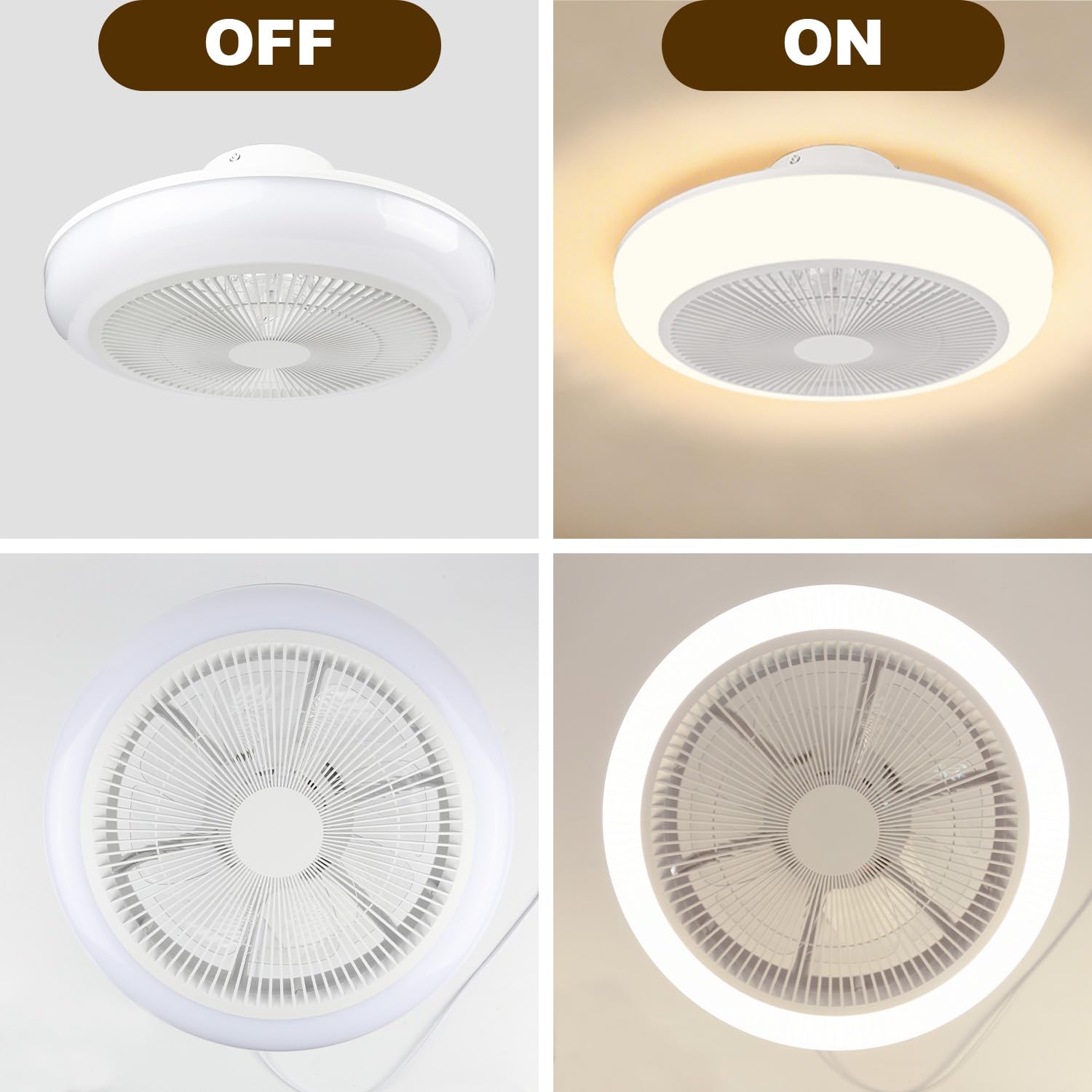 Deckenventilator mit Beleuchtung und Fernbedienung, 50 cm, flaches Design, 6 Geschwindigkeitsstufen & 4 Lichtmodi, dimmbar (3000–6000 K), für Schlaf- und Wohnzimmer (Weiß)