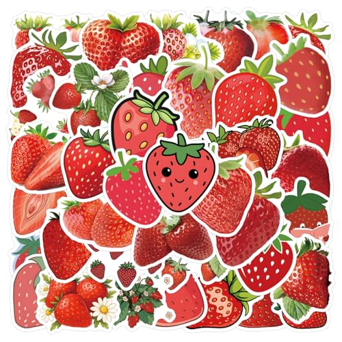 55 PCS Strawberry Stickers Waterproof Vinyl Fresh Strawberry Decals for Skateboard Fridge Laptop Phone Luggage Trendy Stickers for Teens Adults Boys and Girls