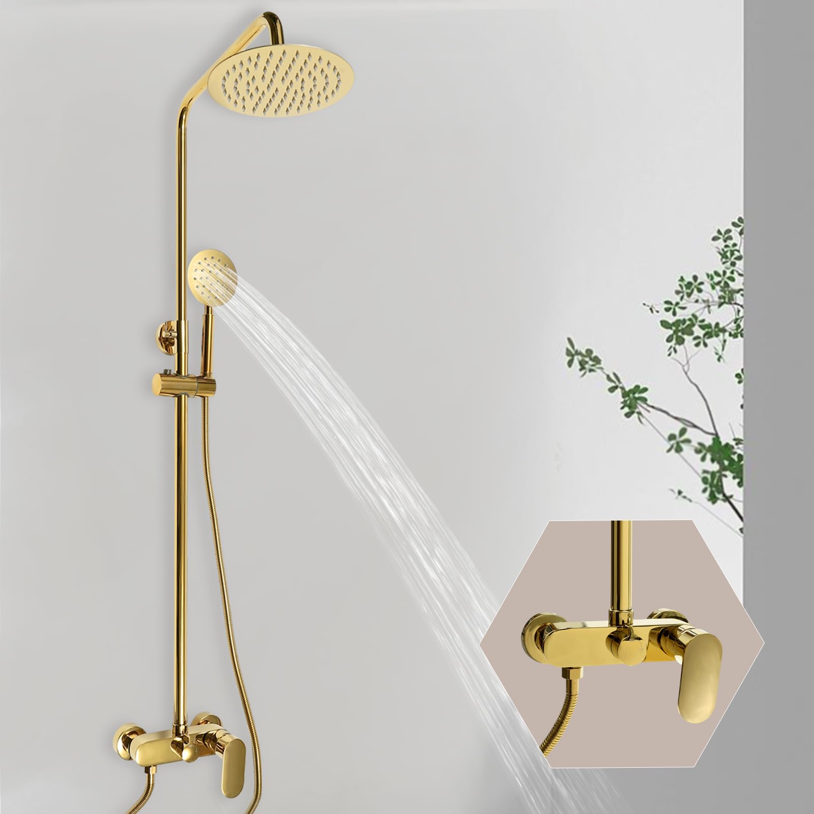 Set doccia con doccia a pioggia, set completo, 81-113,5 cm, altezza regolabile, fissaggio a parete, per hotel, stabilimenti balneari, piscine, ecc, oro