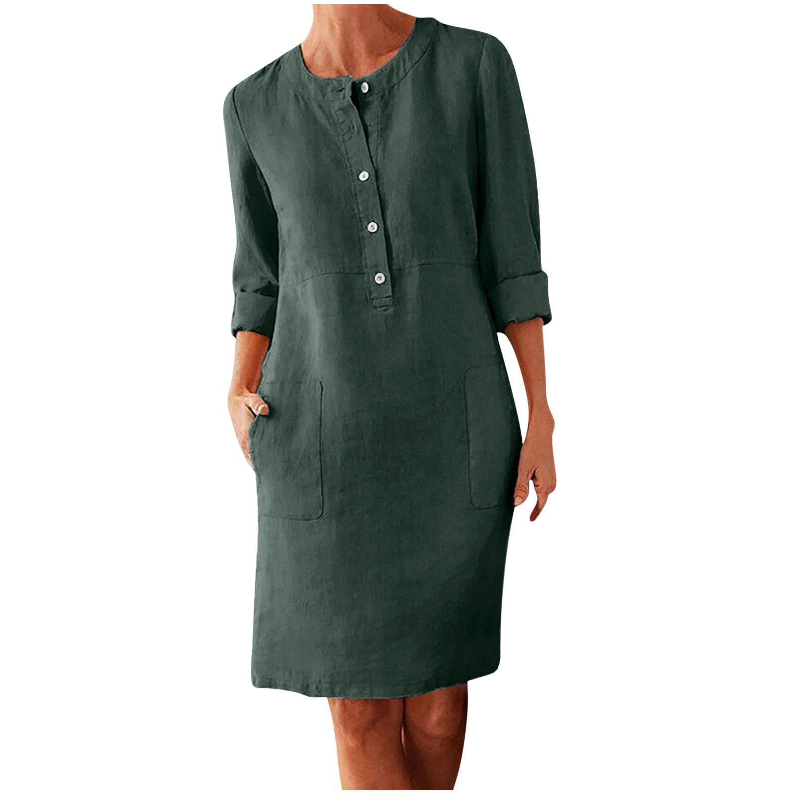 Women's Long Sleeve Button Up Casual Loose Fit Shirt Dress with Pockets Versatile Work Office Dress Tunic Outfit