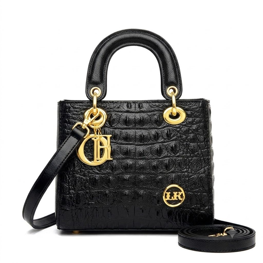 diva dale Black Crocodile Embossed Satchel Bag with Gold-Tone Hardware-picture-39