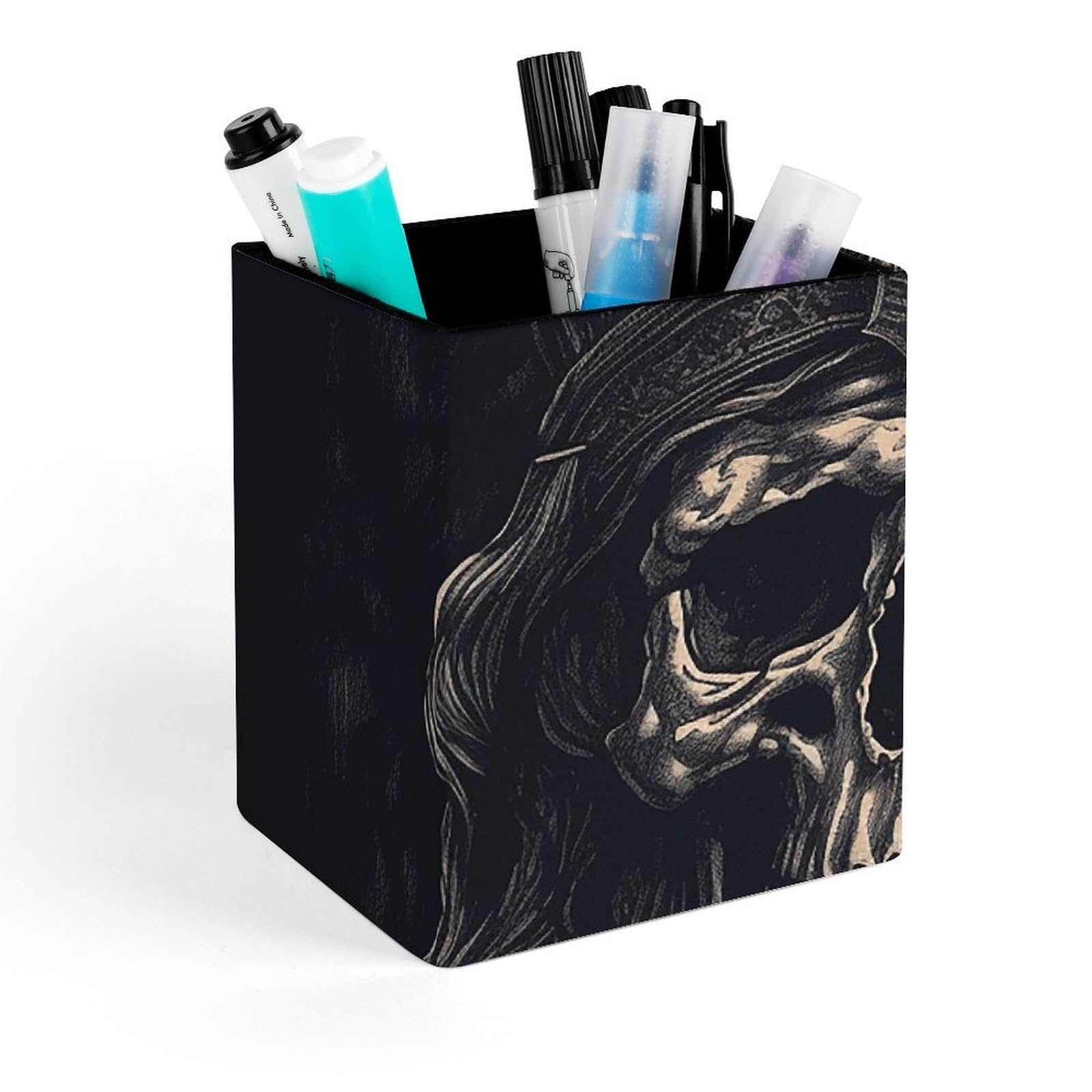 FekiLoot Skull And Ax Pencil Holder Square Leather Pen Holder Cup Modern Multi-Functional Pencil Cup Holder Decorative Desk Organizer Caddy Makeup Brush Holders for Desk Office