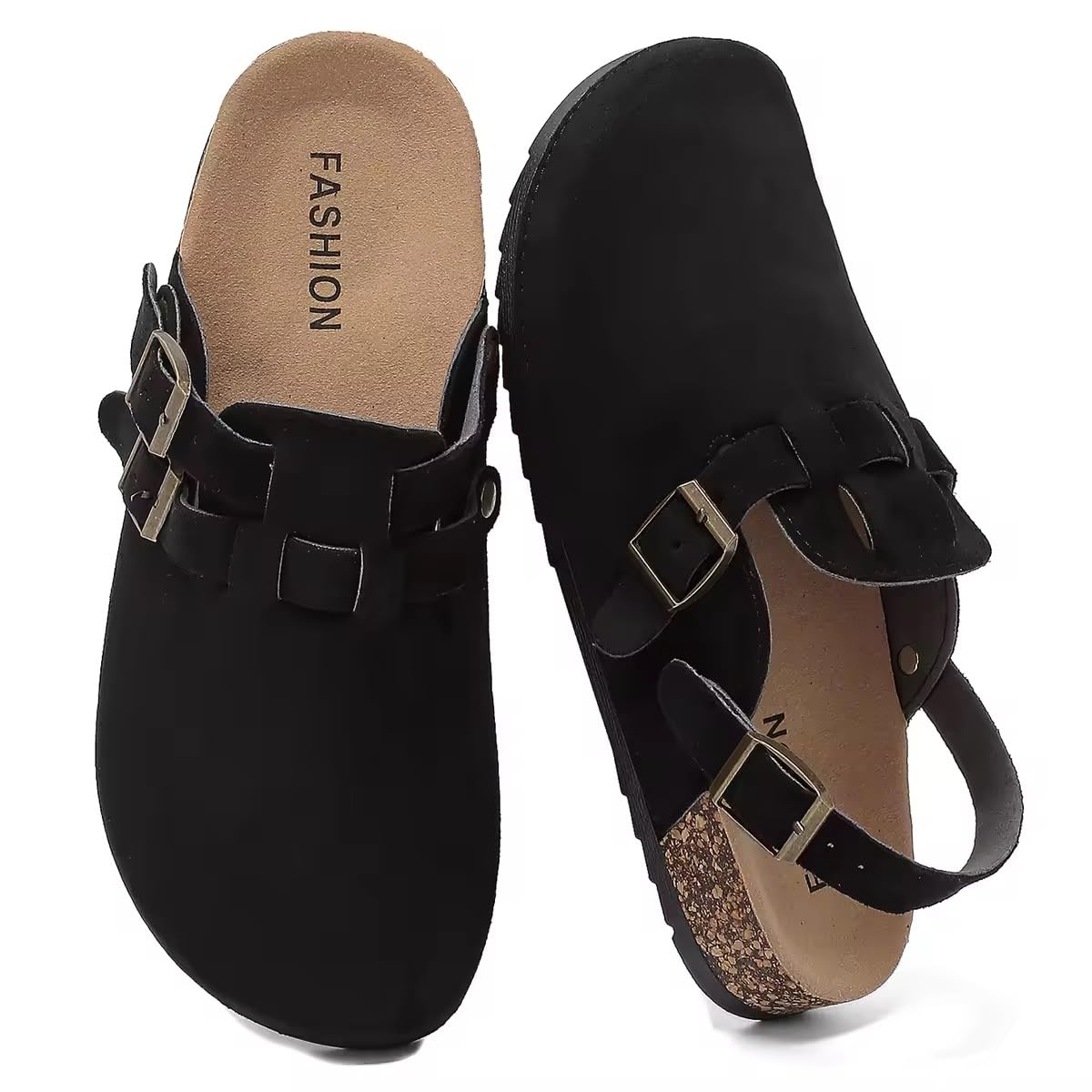 DDXYYDS Men's Suede Clogs with Back Strap, Women's Leather Clogs with Arch Support Cork Footbed Slip on Closed Toe Mules with Adjustable Buckle