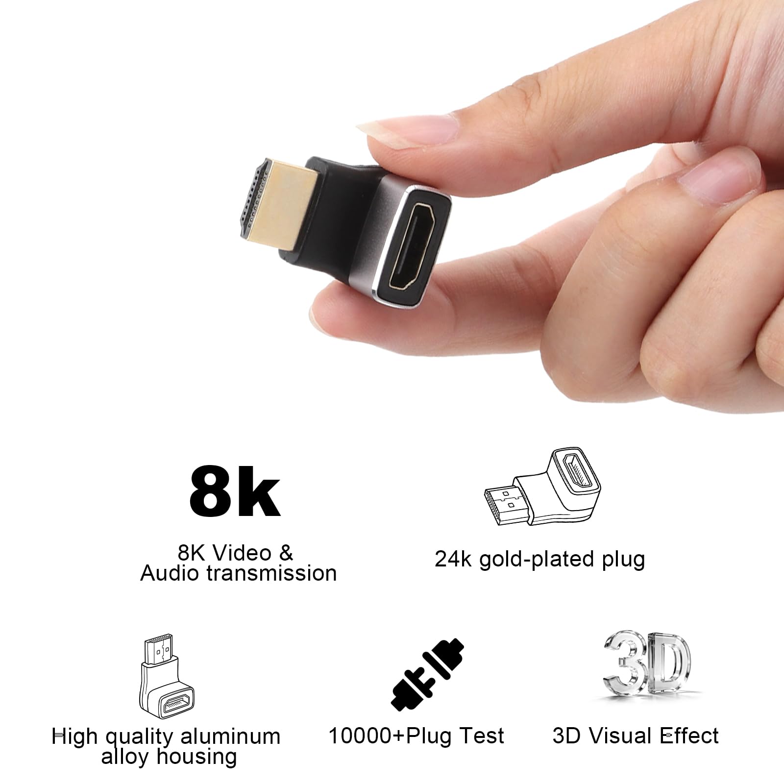 Adapter HDMI 8K 2 sztuki Ultra HD dwukierunkowy 90° i 270° kątowy wtyk kątowy HDMI na gniazdo 8K 60 Hz 4K 120 Hz 2.1 adapter kątowy HDR VRR Dolby eARC 3D 48 Gbps do PS5, Xbox, TV, PC, projektora