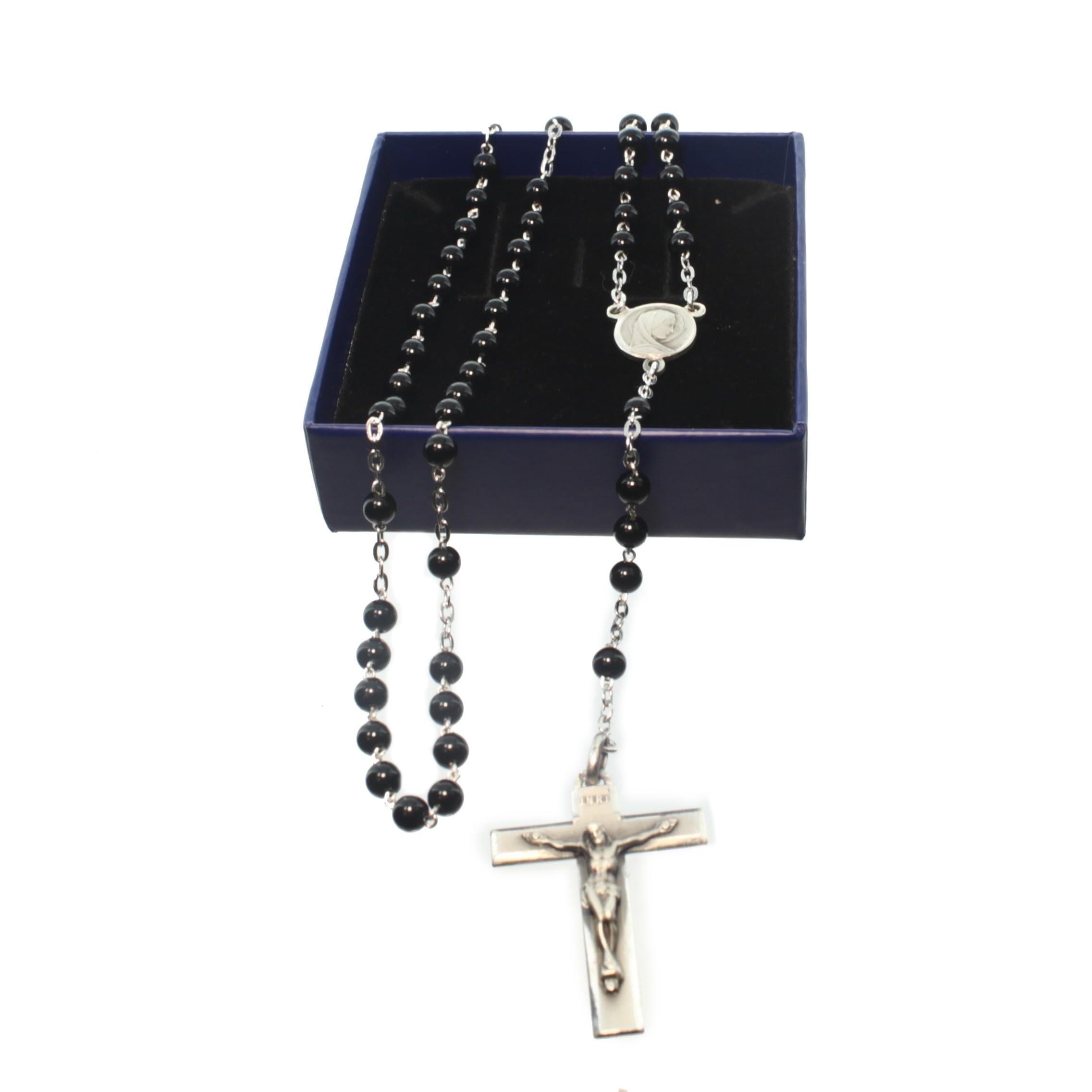 Palacio del Rosario Rosario de Plata y Piedra de Águeda Negra de 4 mm – Rosario Plata – Culto Cristiano de Plata, 32 cm, Plata de ley