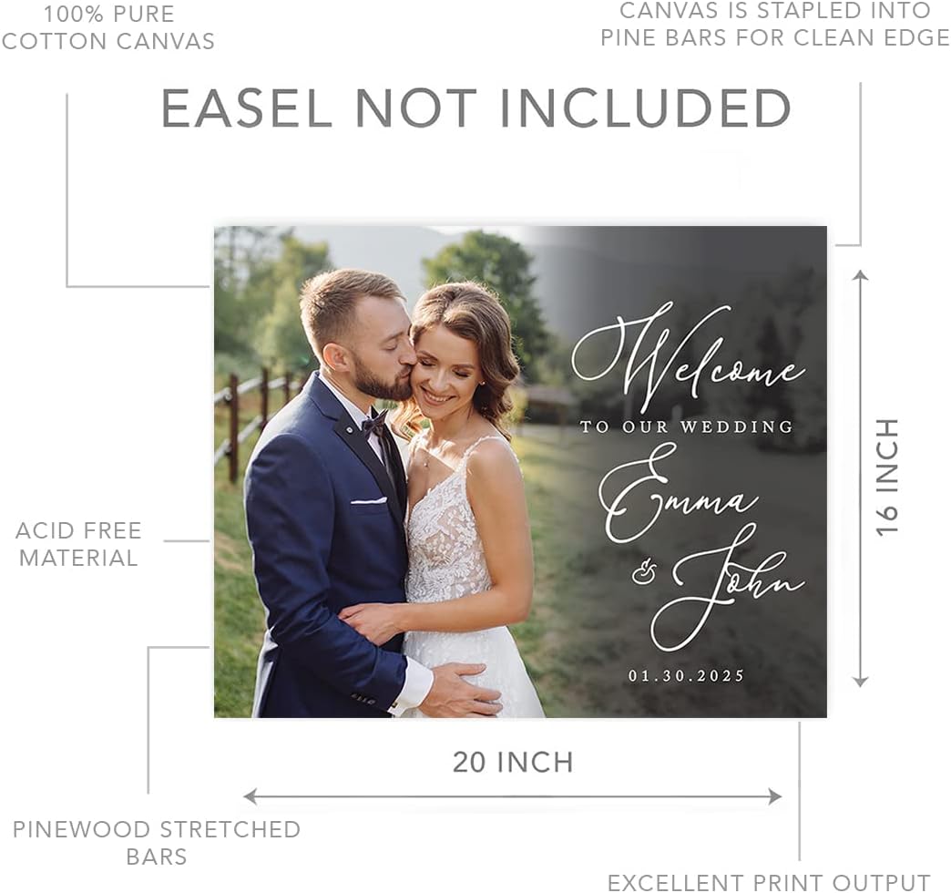 Andaz Press Personalized Welcome To Our Wedding Sign, Classic 16" x 20" Custom Photo Canvas Wedding Welcome Sign for Reception, Ceremony, Easel Stand