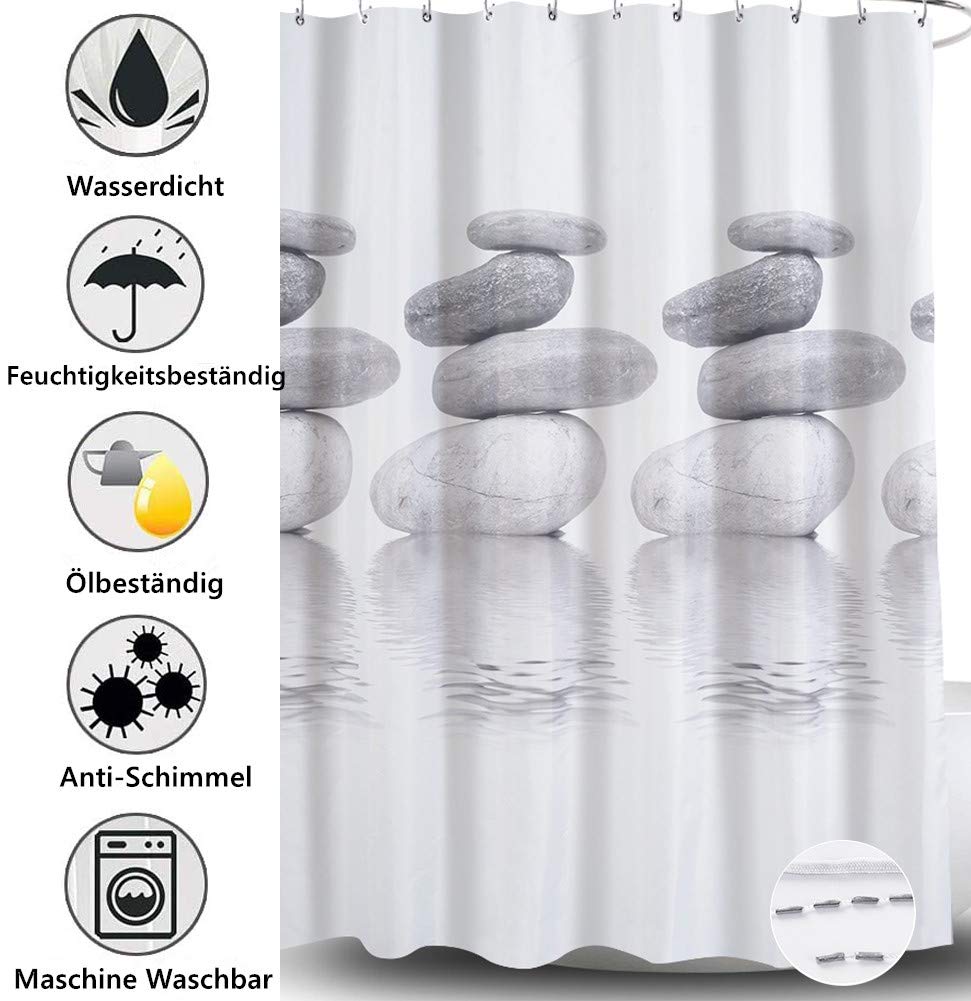 Rideau de Douche textile Polyester gris fond avec des contours de galet, imperméable 120*180cm