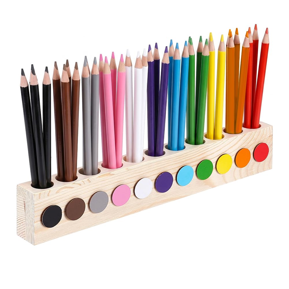 NBEADS 11-Hole Desk Wood Colored Crayon Holder, Pen Storage Box Pencil Holder Portable Organizer Box for Pastels, Pencils, Markers, Brushes and Art Supplies, 415x40x70mm