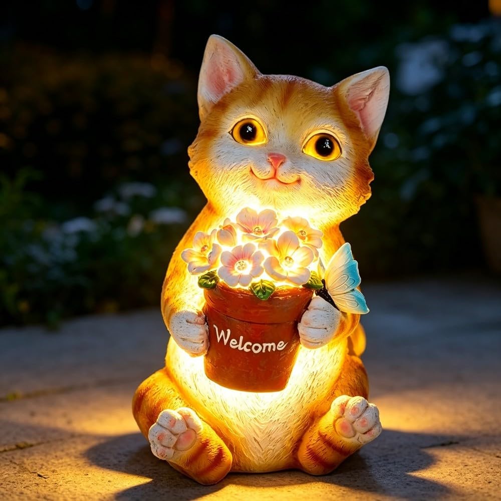 Lampada solare da giardino dipinta a mano gatto bianco caldo LED