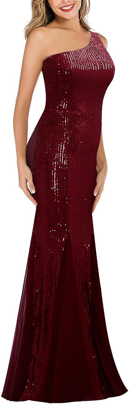 Womens Party Dresses Sequins Tulle Sexy One Shoulder Long Dress Formal Mermaid Evening Prom Gowns