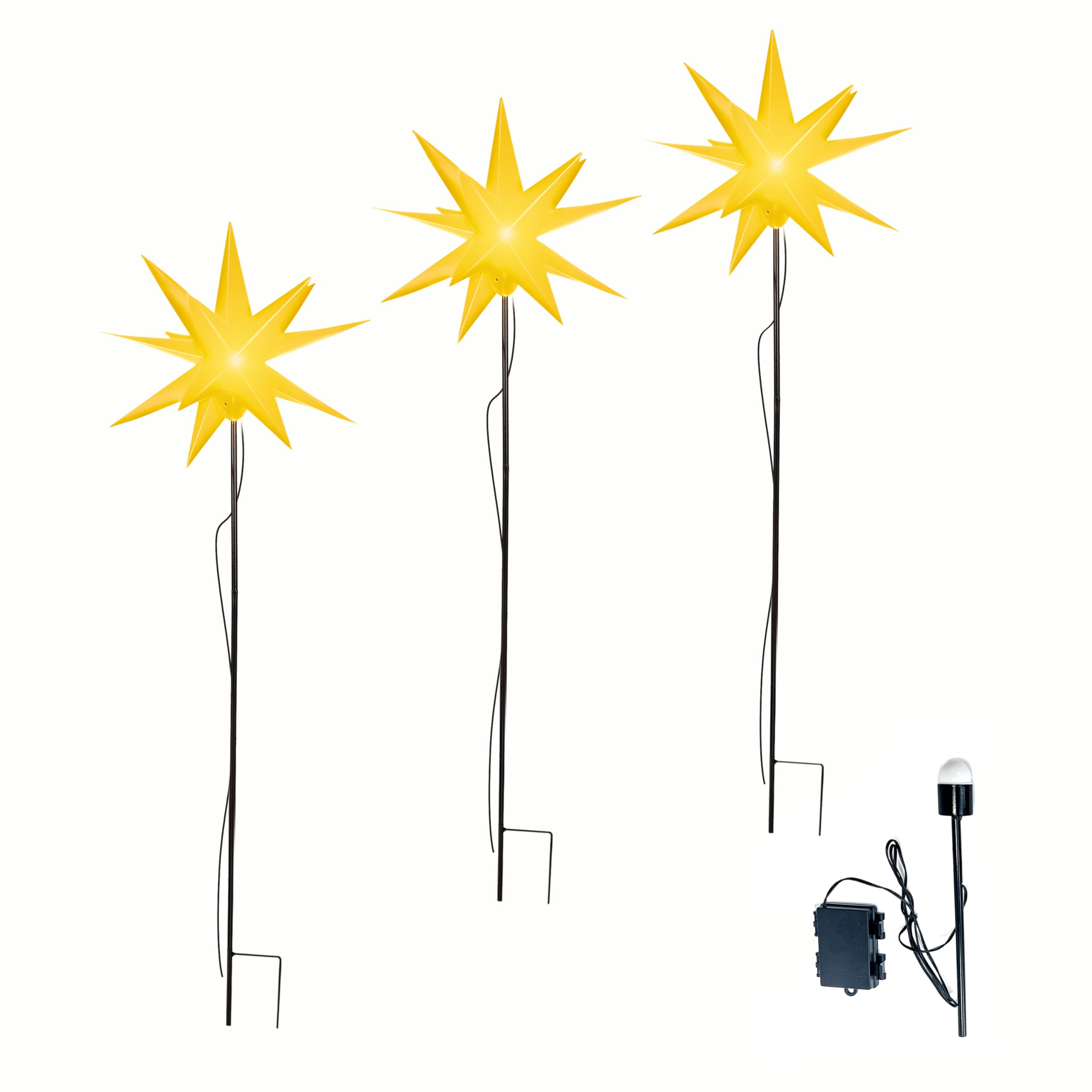 Leuchtstern 3D mit LED Beleuchtung | 3er Set mit Erdspieß | gelb | Ø 27 cm | 3D Stern mit 15 Spitzen | wetterfest | Garten Deko, Weihnachtsdeko | Weihnachtsstern | mit Timer | batteriebetrieben