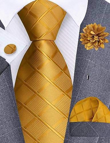 Image of GUSLESON 3.15 inch(8cm) Mens Tie and Lapel Pin Plaid Checkered Necktie Hankerchief Cufflinks Set for Men