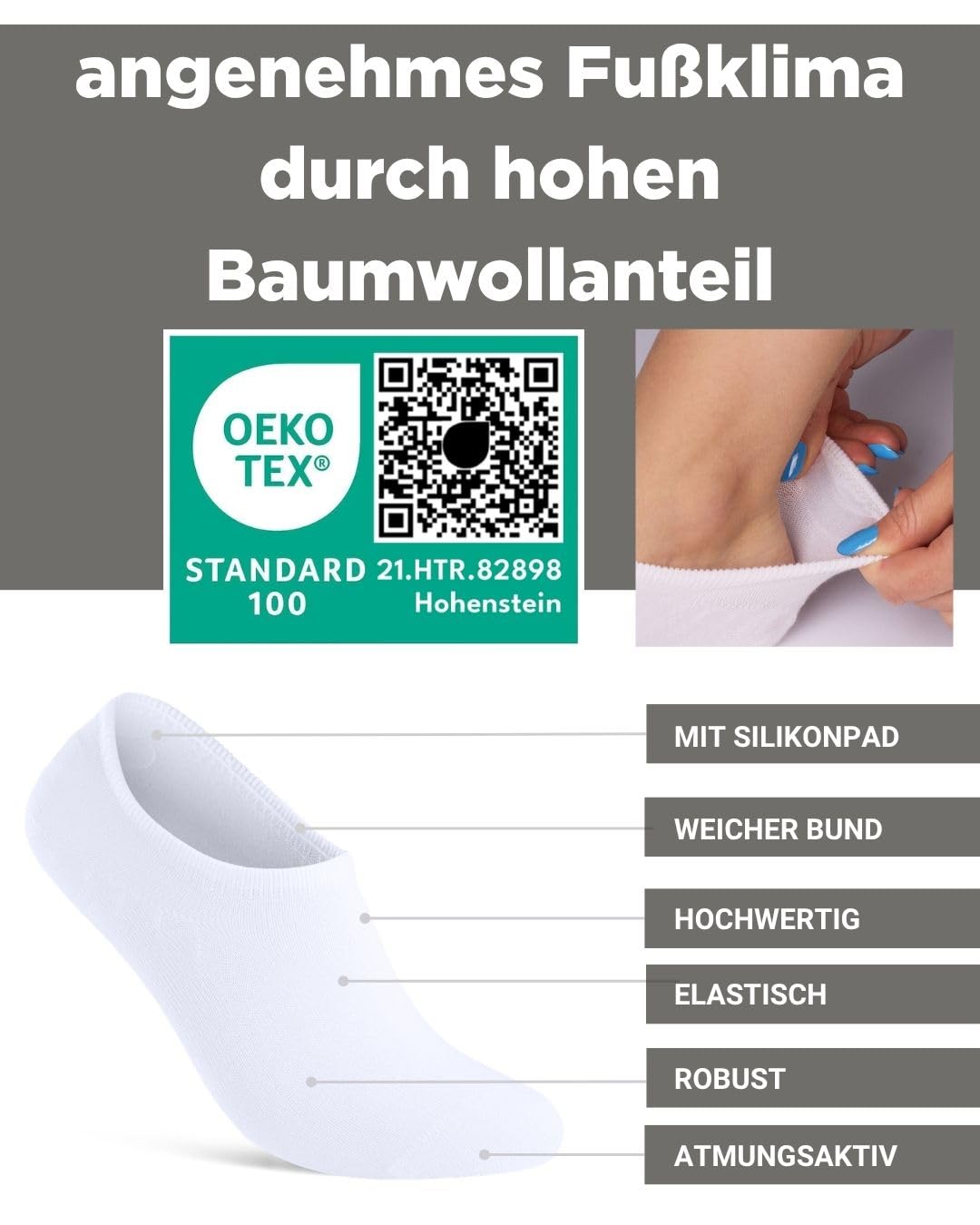 sockenkauf24 10 Paar Füßlinge für Damen & Herren - Unsichtbare Sneaker Socken aus atmungsaktiver gekämmter Baumwolle mit Silikonpad gegen Verrutschen