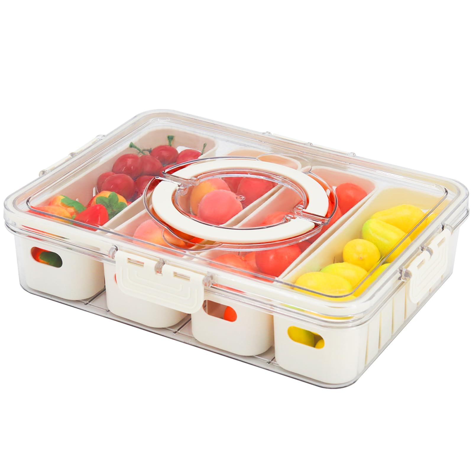 Portable Divided Serving Tray with Lid with Handle, 4 Compartment Snackle Box Container,- For Clear Organizer Fruit, Candy, Nuts,Snacks,Great for parties, beach fun and outdoor camping(4)