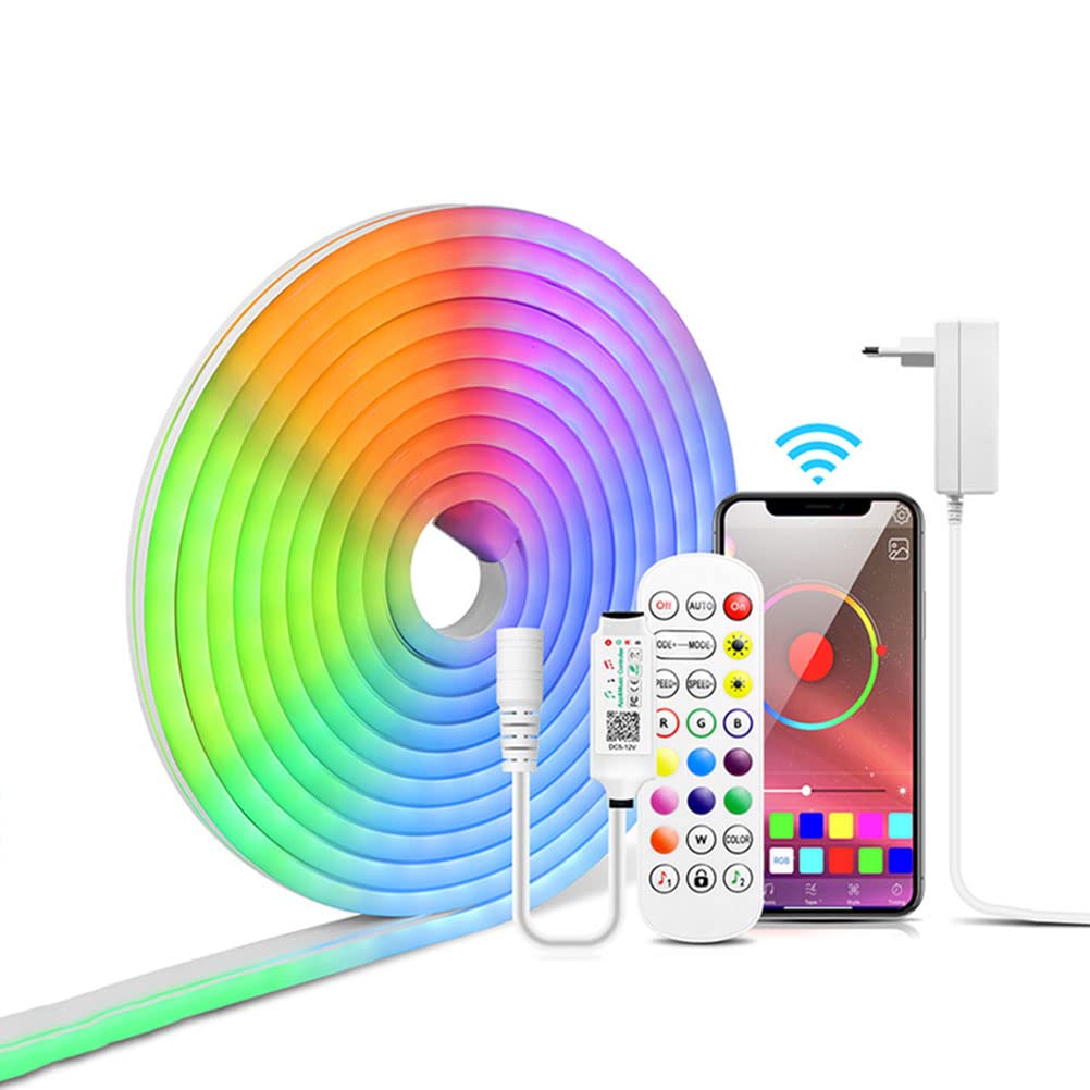 RGB Neon LED Streifen Strip, Neon Led Strip mit App-Steuerung, IP65 Silikon LED Streifen mit Fernbedienung, Multi-Farbwechsel Bluetooth App Flexibel Lichtleiste mit Netzteil für Heim Outdoor DIY,5m