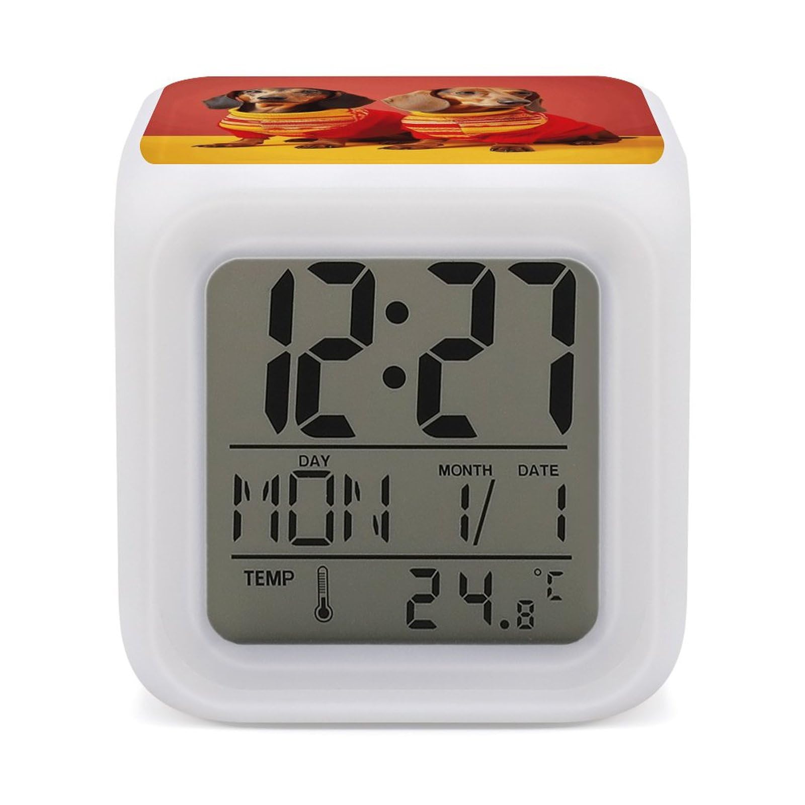 JTREHY 7 Color Changing LED Digital Alarm Clock,Cute Dachshund Printed Wake-up Clock with Temperature Display Home Decoration Alarm Clock for Bedroom Office