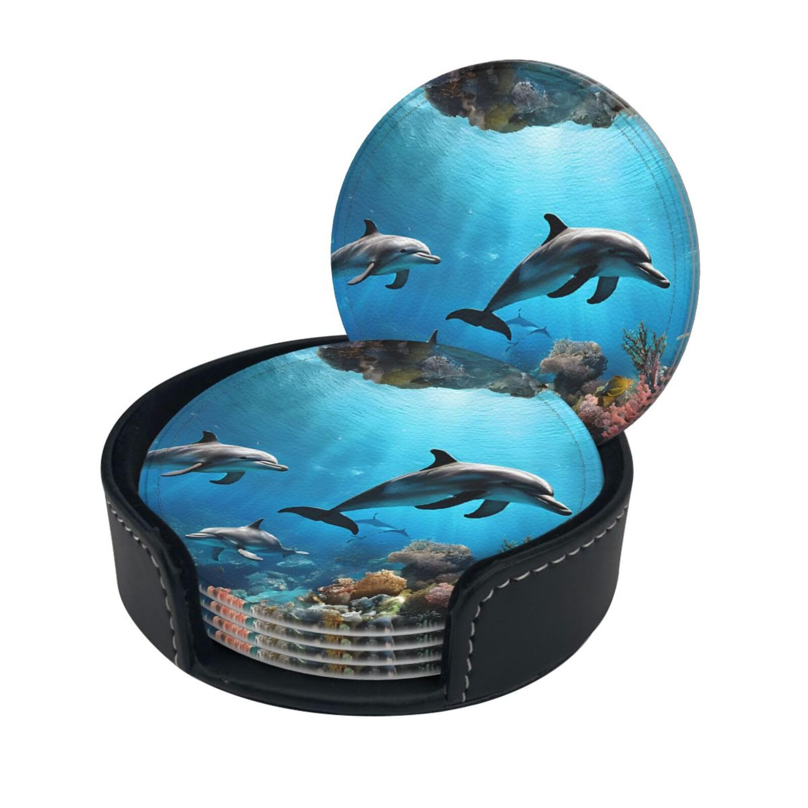 Ocean Underwater Dolphin Fish Print Coaster,Round Leather Coasters with Storage Box for Wine Mugs,Cold Drinks and Cups Tabletop Protection (6 Piece)
