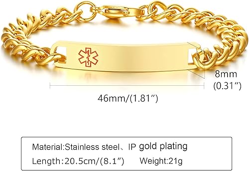 Miniatura 16 de VNOX Pulsera de identificación de alerta médica, pulsera de emergencia de acero inoxidable para hombre y mujer, 7.2/8/8.4 pulgadas *personaliza tu