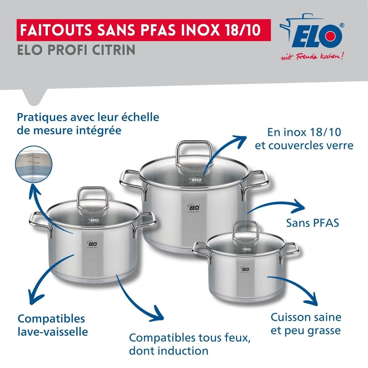 Elo Batterie cuisine 1 poêle 24 cm et 3 faitouts 12/14/16 cm