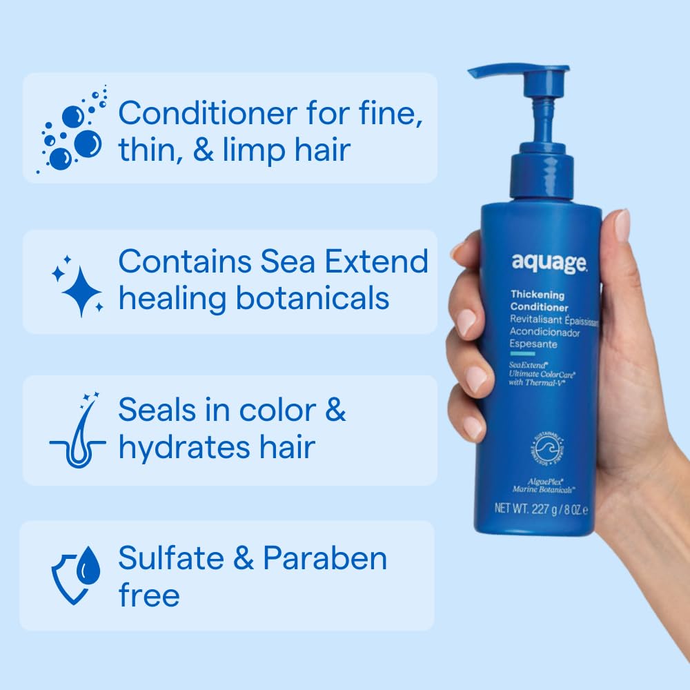 AQUAGE SeaExtend Thickening Conditioner, Thermal-V Technology Seals Heat Out, Adds Volume, Shine, Fullness Without Frizz, 8 oz