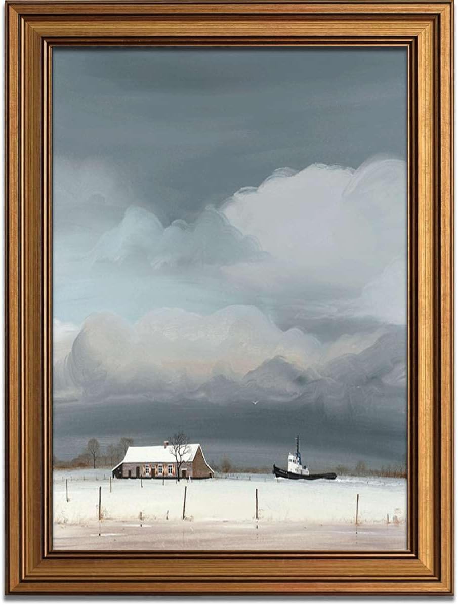 Vintage Gold Framed Snowy Countryside Poster Canvas Print Rustic Minimalist Aesthetic Wall Art Painting Pictures Wall Decor Whimsical Home Decor for Living Room Bedroom (YFQ2610,8" L x 12" W)